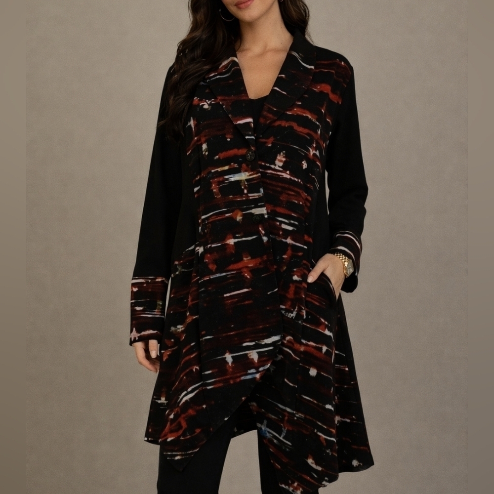 ALI MILES Black and Red Abstract Assymetric Longline Kimono Jacket